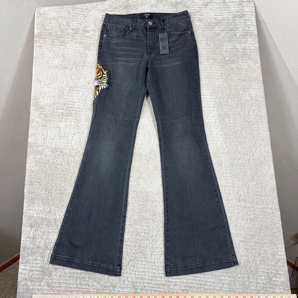 Ed Hardy Tiger Embroidered Flare Jeans Faded Black WEHD8400-1 Size 26